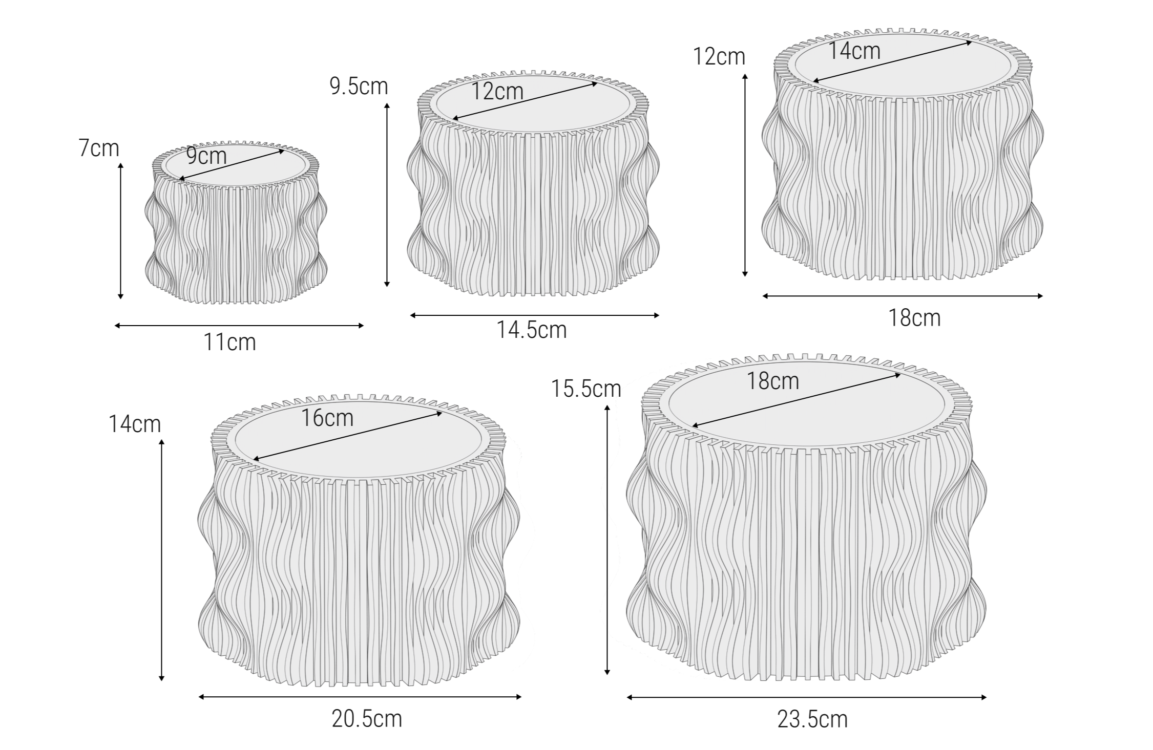 Rappresentazione grafica tridimensionale delle dimensioni del vaso di design Muxel