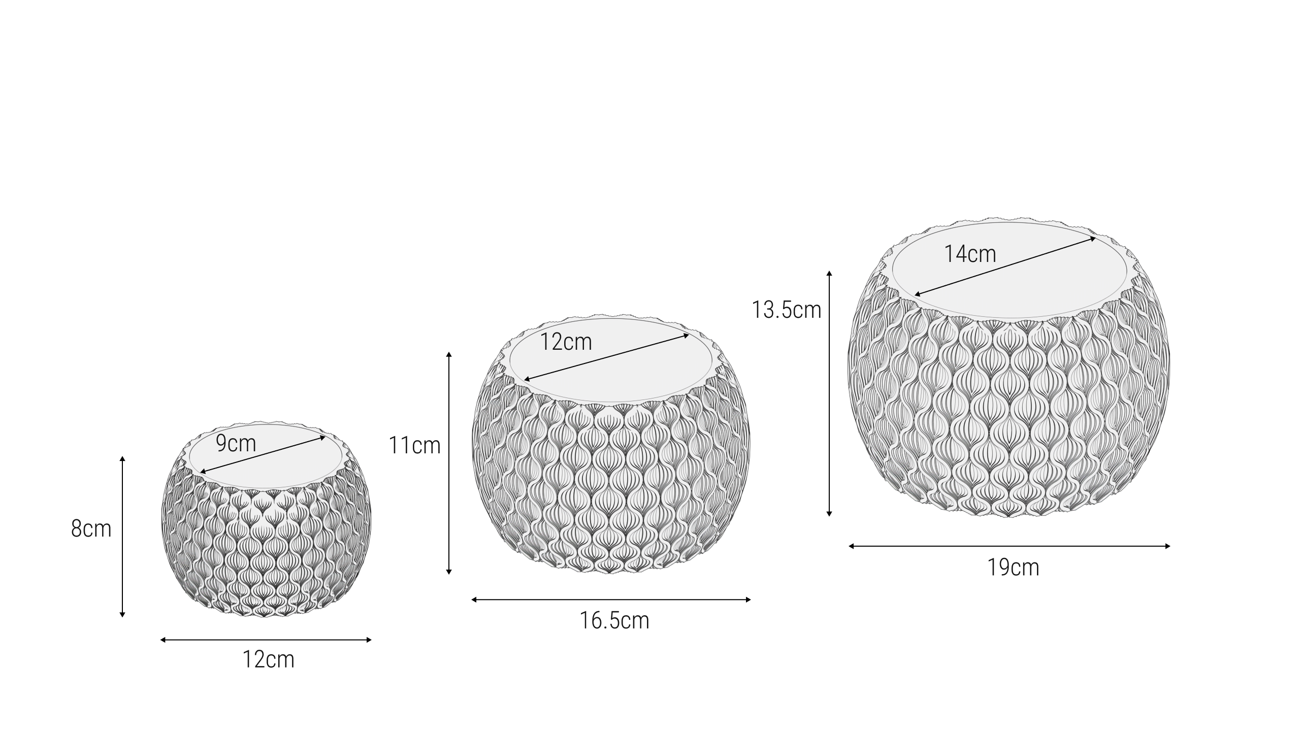 Schema rappresentativo delle tre dimensioni del vaso Bloom elegante e raffinato